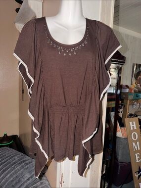 Women's Brown Scoop Neck Ruffle Top from New Directions size Large